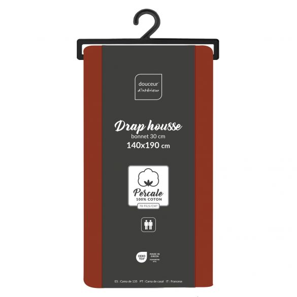 Drap housse 140x190 cm - Percale 100% coton - Bonnet 30 cm