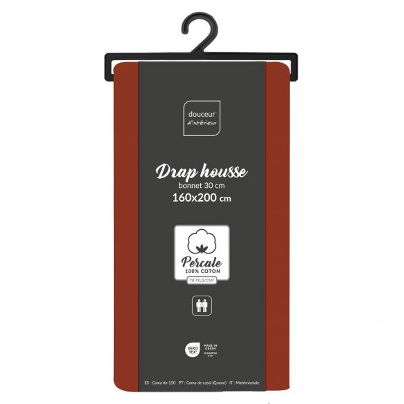 Drap housse 160x200 cm - Percale 100% coton - Bonnet 30 cm