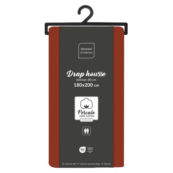 Drap housse 180x200 cm - Percale 100% coton - Bonnet 30 cm